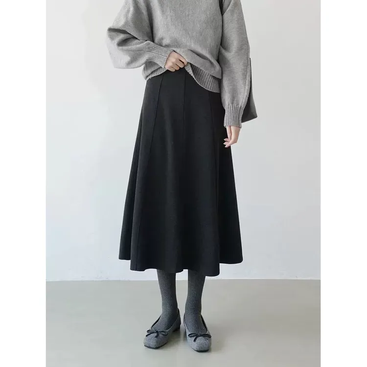 法式通勤松紧腰裙子毛呢高腰显瘦大摆气质伞裙女秋冬款长款半身裙