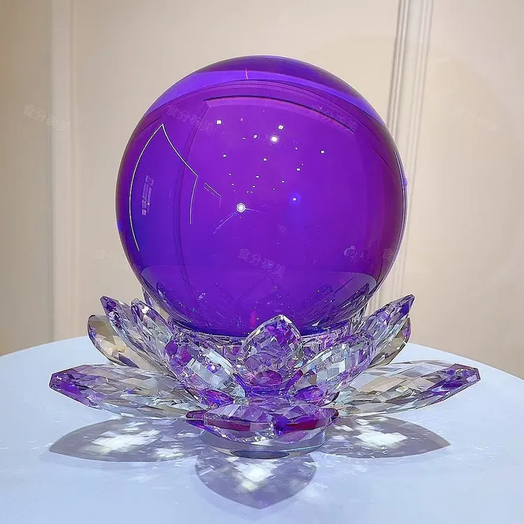 特大号好运连莲紫色水晶球莲花摆件