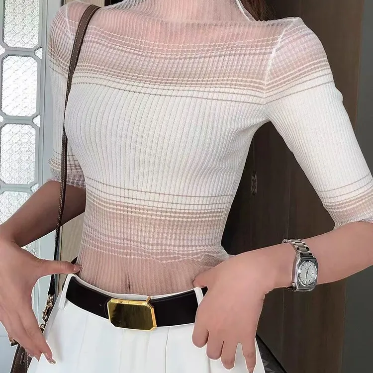 李婉君复古港风透视网纱针织上衣女夏季纯欲辣妹修身显瘦撞色T恤
