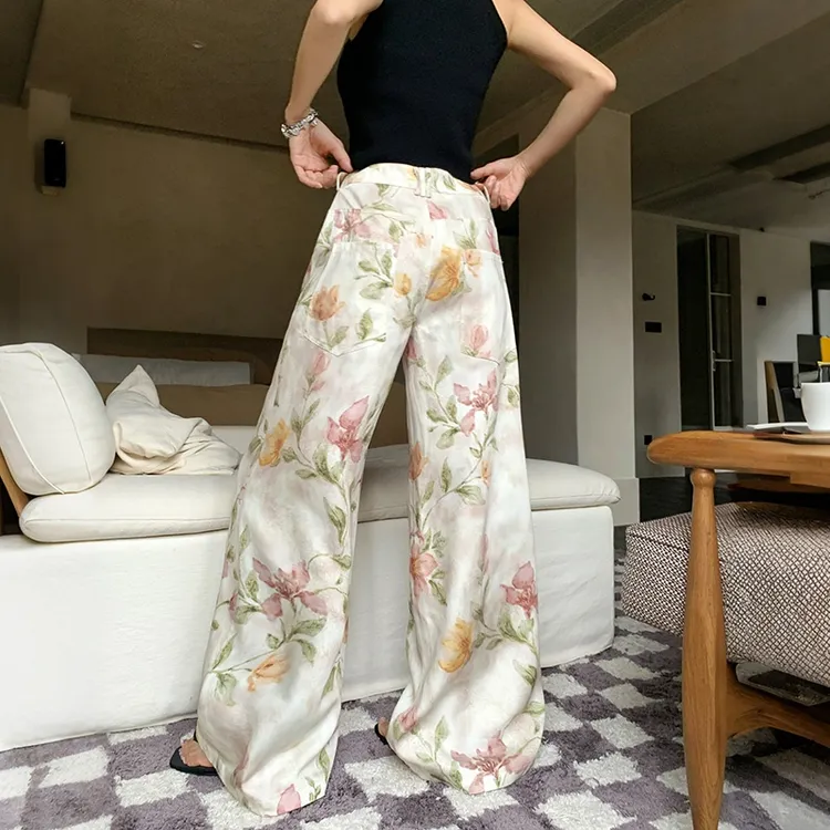 夏季碎花印花复古显瘦高腰时尚开叉薄款宽松垂感阔腿长裤春夏直筒