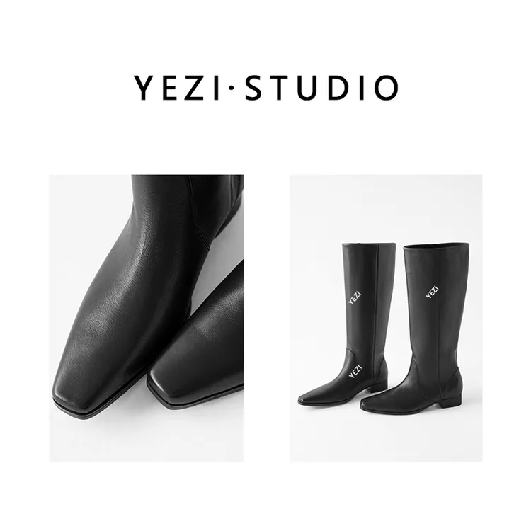 【极简时报】头层牛.皮复古方头粗跟百搭高筒骑士靴25449007