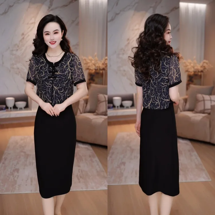 2025夏季轻熟风气质女人味减龄显瘦中长款收腰假两件连衣裙M-5XL