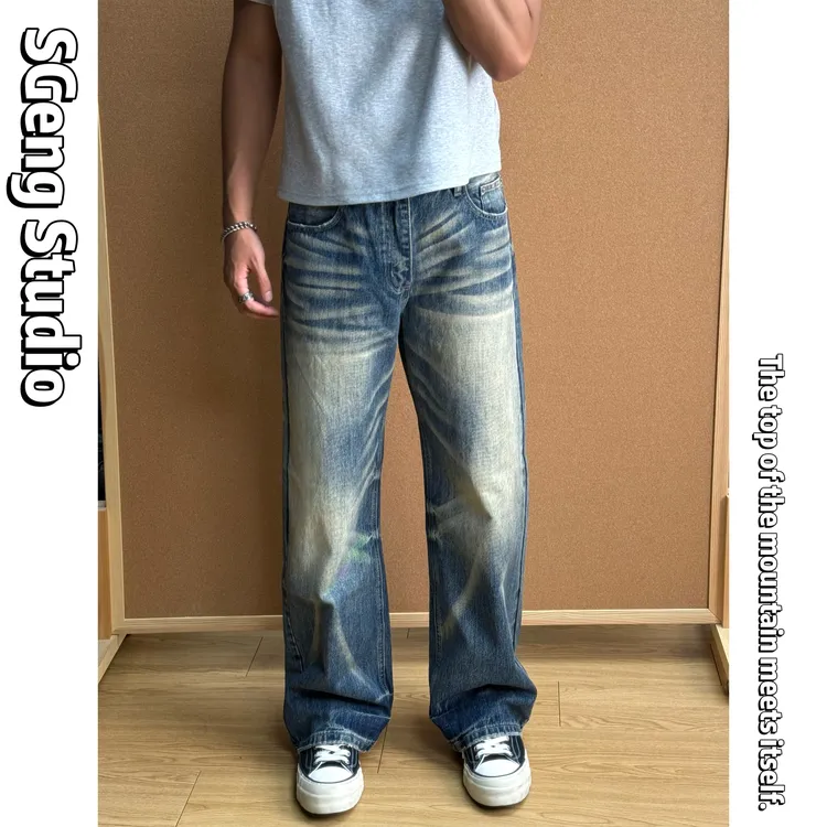 SGeng.秋冬美式休闲复古重磅水洗牛仔裤vibe宽松裤潮男士重工直筒