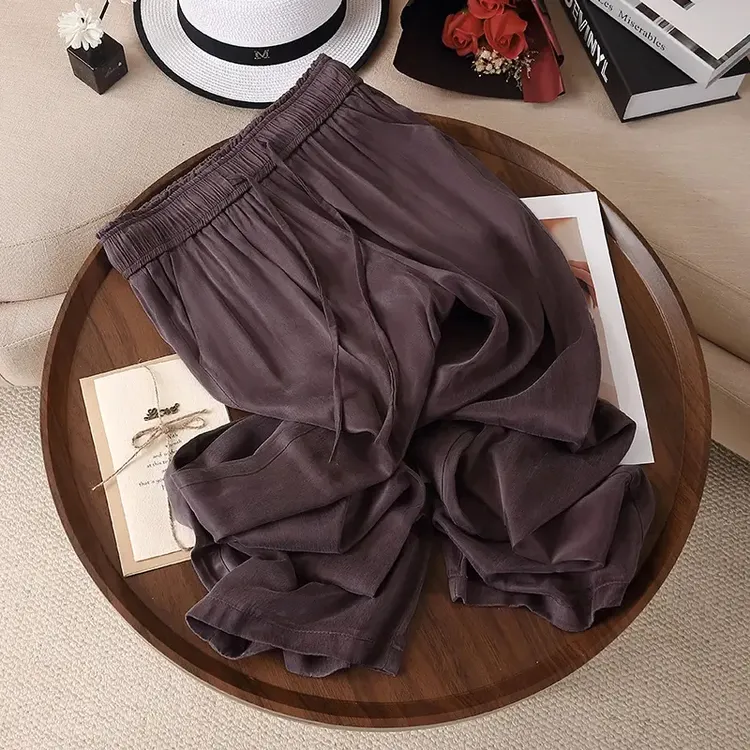 拉夏贝尔铜氨丝裤子女夏高腰直筒裤宽松慵懒风休闲裤显瘦阔腿裤薄
