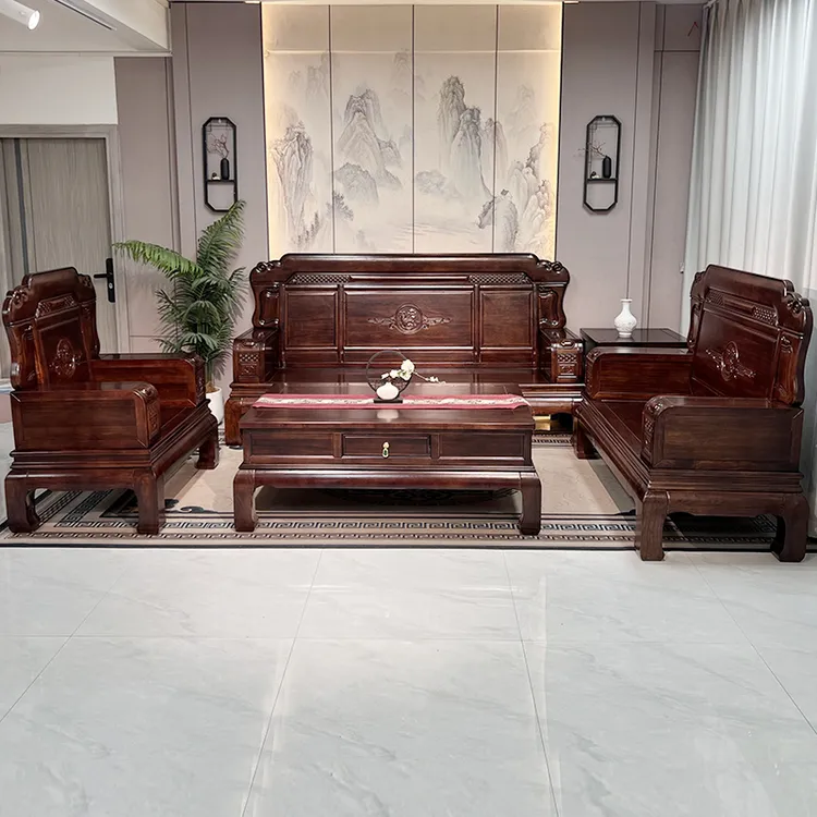 新中式乌金木全实木沙发客厅家用仿古冬夏两用雕花大小户型家具