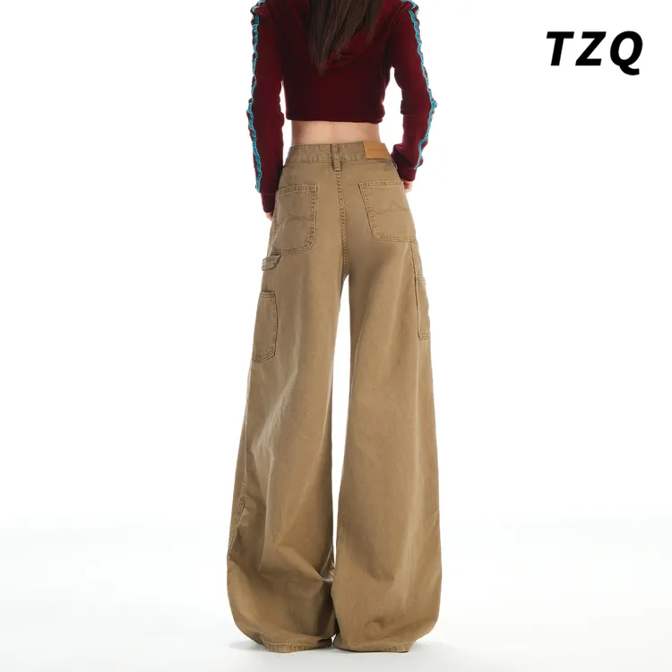 美式复古卡其工装牛仔裤女款秋季新款宽松垂感阔腿裤子TZQ2590123