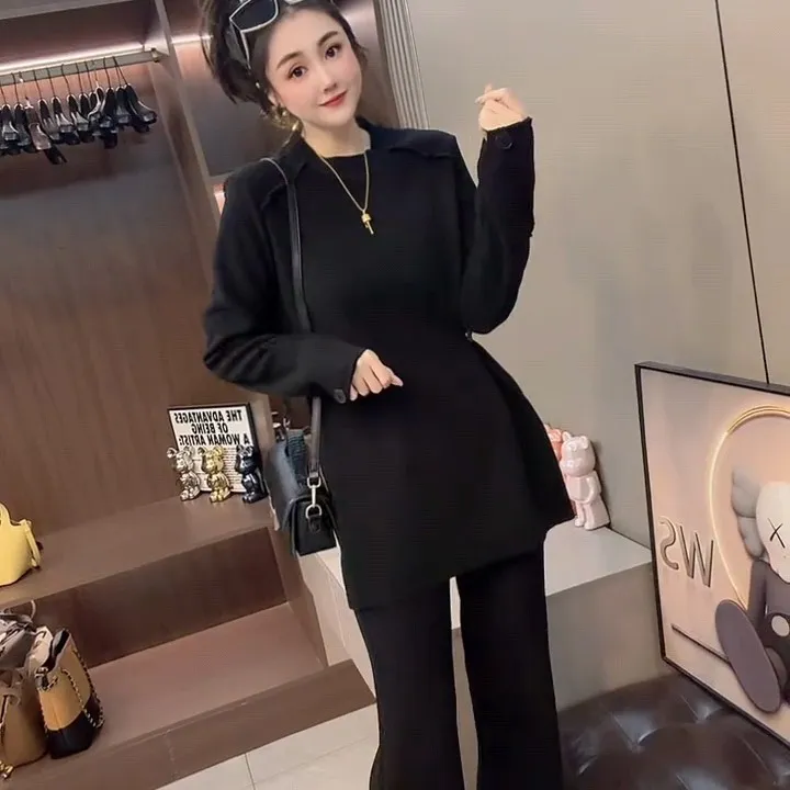 时尚气质显瘦秋冬新款女士上衣阔腿裤套装