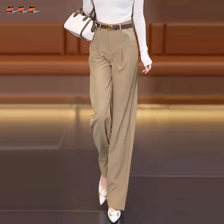 杜拉妮卡其色直筒裤女西装裤2025秋季新款高腰时尚垂感休闲阔腿裤