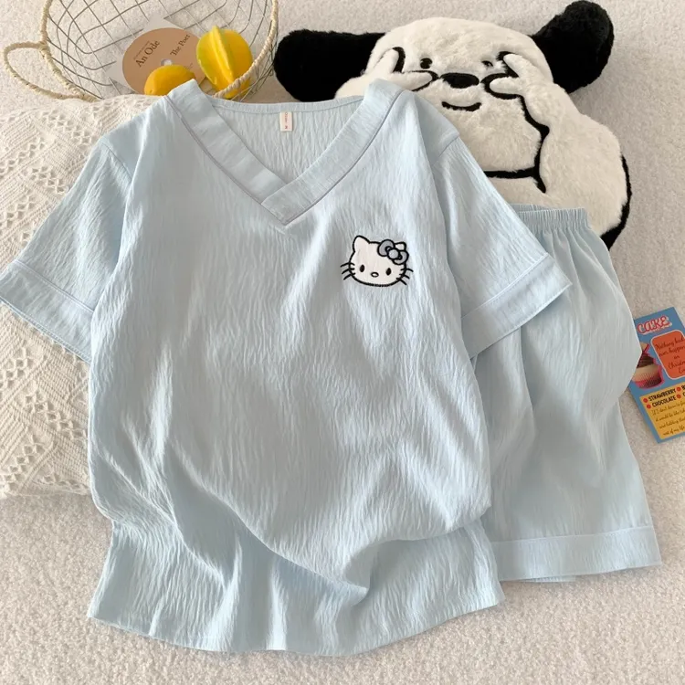 蓝口猫云朵棉睡衣夏秋季女爆款2025新款家居服套装V圆领长短袖裤