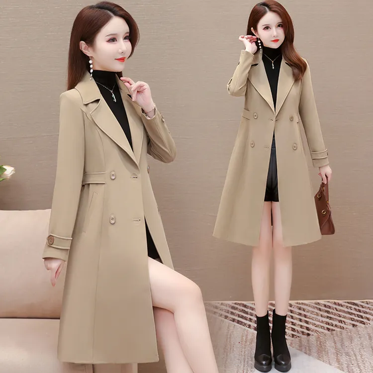 薄款中长款双排扣风衣2024女新款秋季西装领端庄大气纯色百搭外套