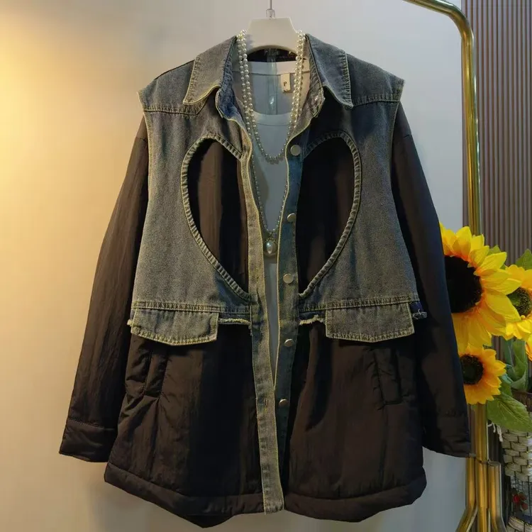 LTQ冬季新款加厚牛仔拼接棉服外套