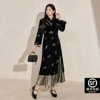 蓝语大码女装新中式丝绒刺绣改良旗袍2025秋季新品收腰长袖连衣裙