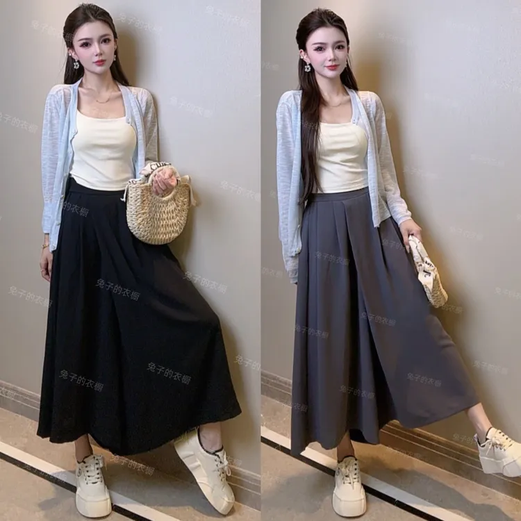冰感丝裙裤年夏季新款叠搭式设计感黑色西装时尚女阔腿裤宽松高腰