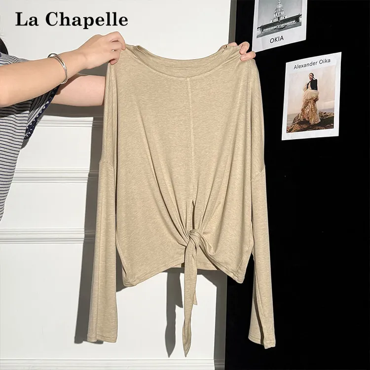 拉夏贝尔慵懒风绑带气质感正肩长袖T恤女初秋松弛感宽松显瘦上衣