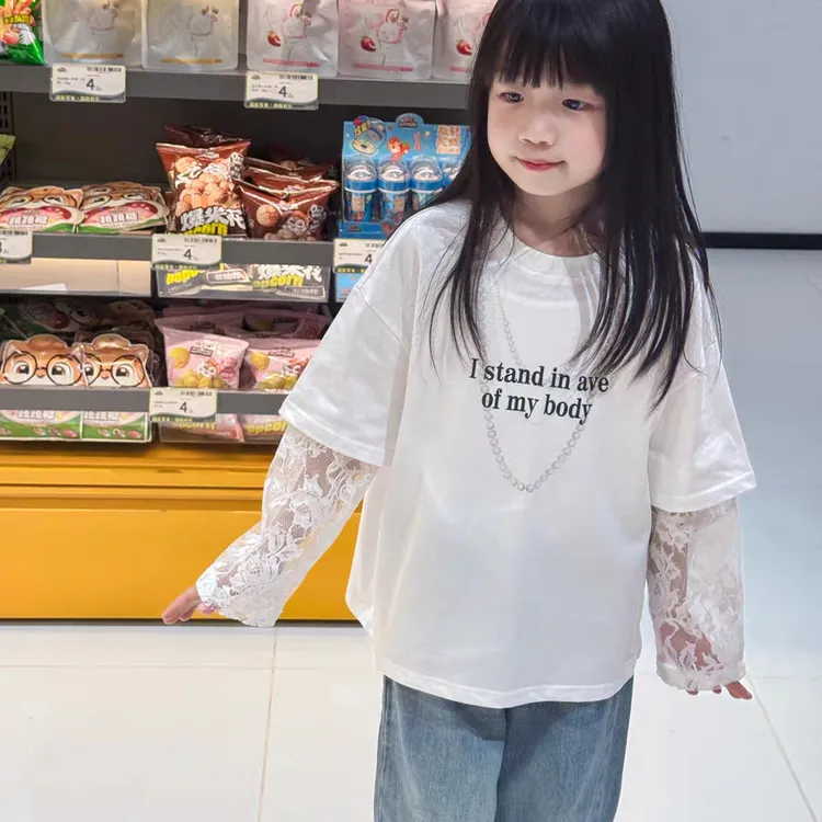 2025夏新款女童假两件T恤洋气纯棉蕾丝袖春上衣爆款童装防晒衣