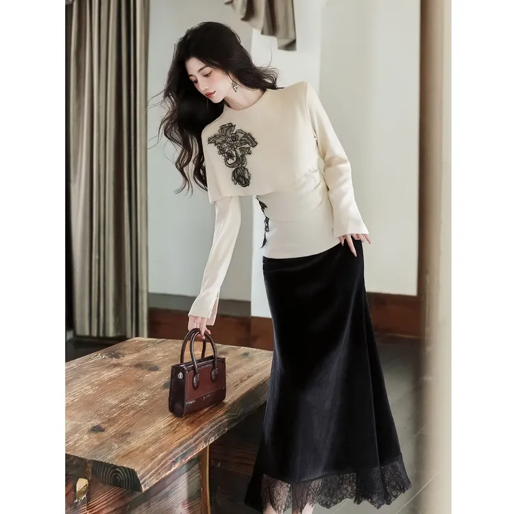 复古新中式蕾丝拼接半高领针织上衣配丝绒半身裙两件套装秋冬打底
