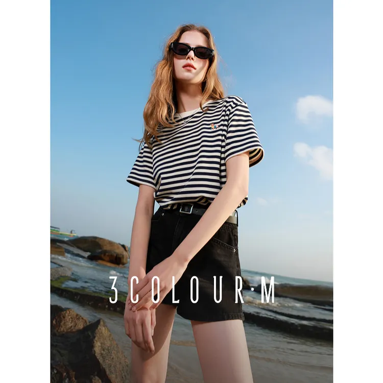 三彩2025夏季新款圆领宽松条纹T恤套头衫绣花上衣休闲显瘦女M