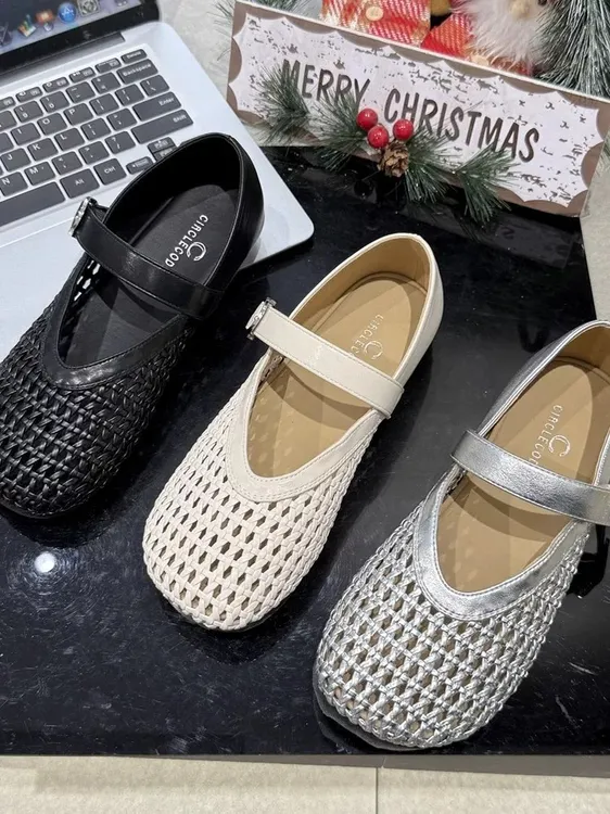 玛丽珍单鞋女2025夏季新款平底软底一字带网面镂空编织渔网鞋凉鞋