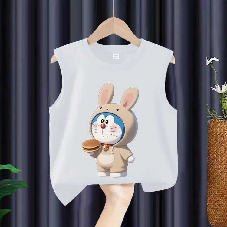夏季新款男童女童100%纯棉无袖背心坎肩卡通哆啦A梦宝宝中大童T恤