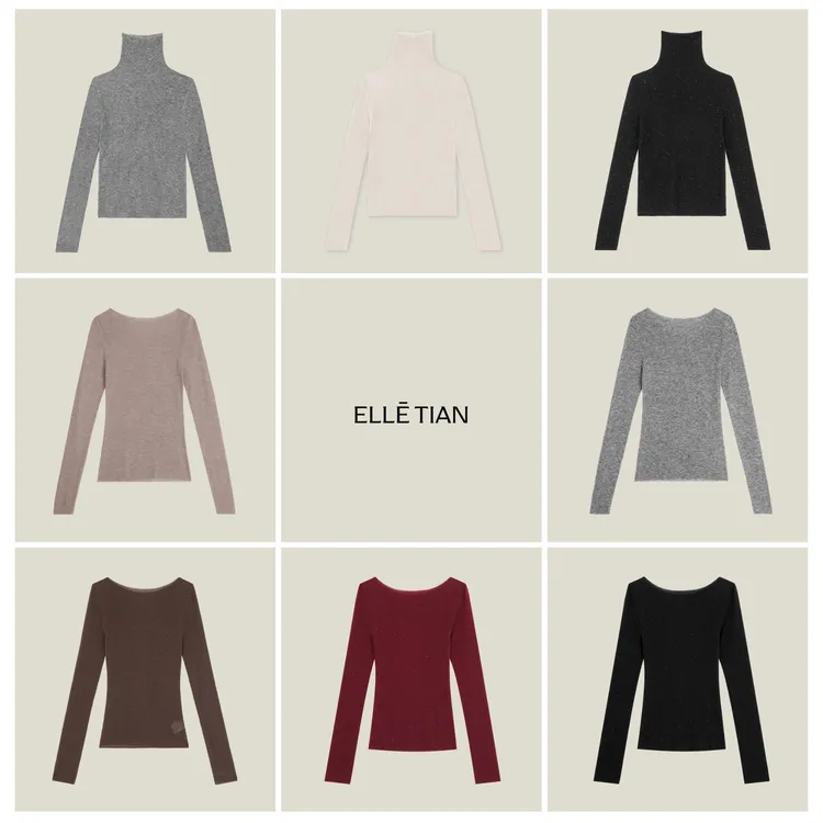 ELLETIAN "水溶系列"水溶羊毛圆领简约百搭一字领针织衫EZQZ001
