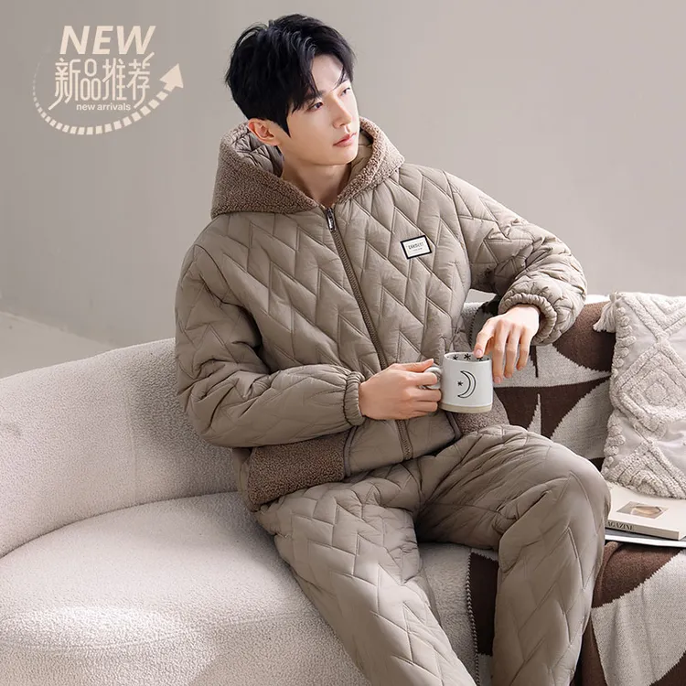 2025新款男士三防面料睡衣加绒加厚保暖家居服可外穿三层夹棉套装