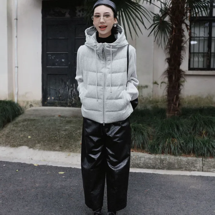 TT设计师【陨石冰川】慵懒感羊毛针织连帽拼接羽绒服TT191417