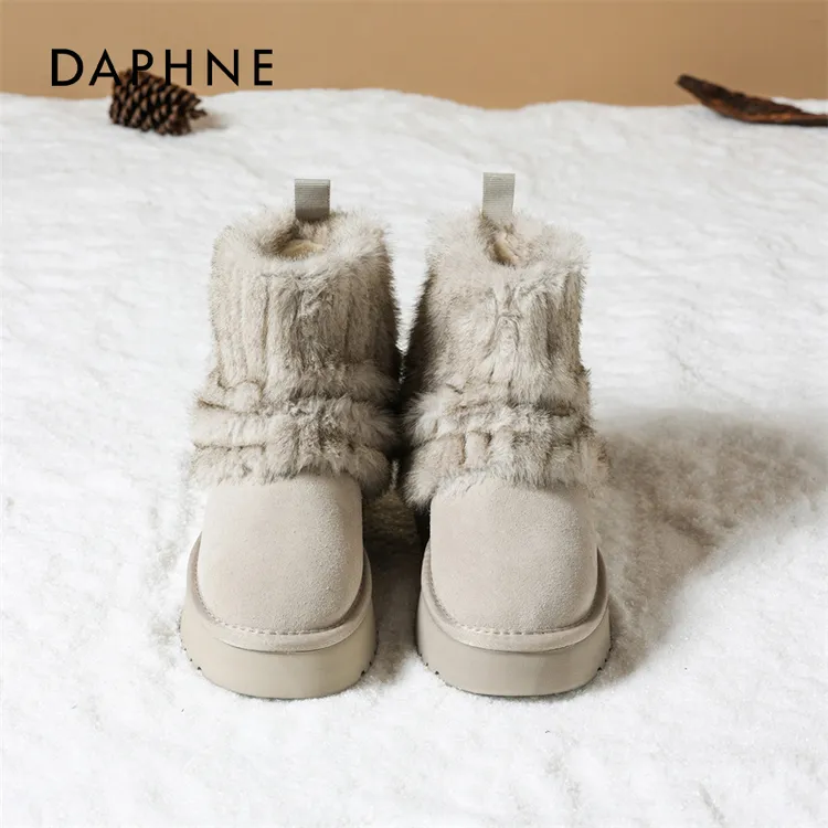 达芙妮毛毛雪地靴女冬季2025新款加绒冰岛短靴裤管厚底大头棉鞋爆