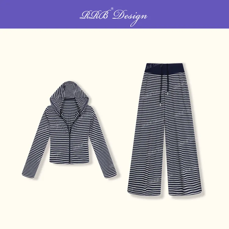 RRB Design 「散步套装」定制面料条纹连帽上衣+松紧腰直筒裤两件
