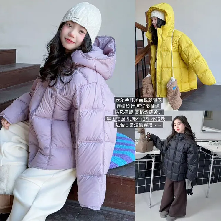 女童冬装泡芙格棉衣2025新款冬季轻薄棉服女大童休闲百搭加厚外套