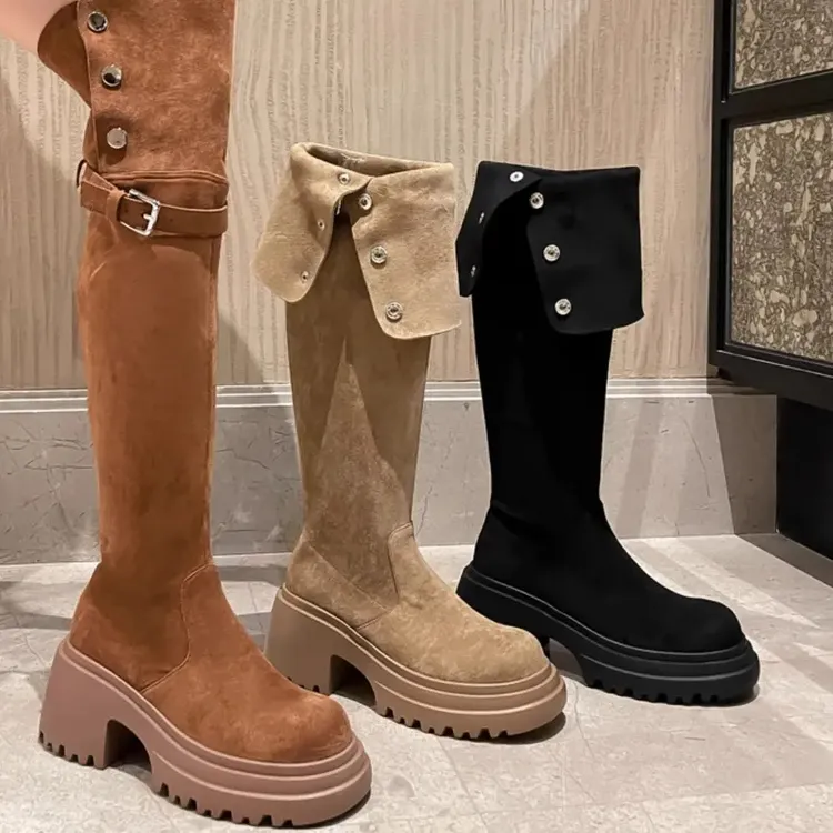 【巨显高】两穿翻折过膝长靴女粗跟厚底7cm显瘦高筒骑士靴女弹力