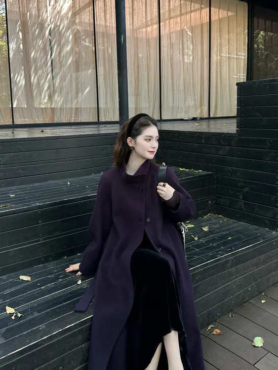 R123436W【绵羊毛+羊驼毛+桑蚕丝】毛呢中长款外套大衣宽松纯色上衣