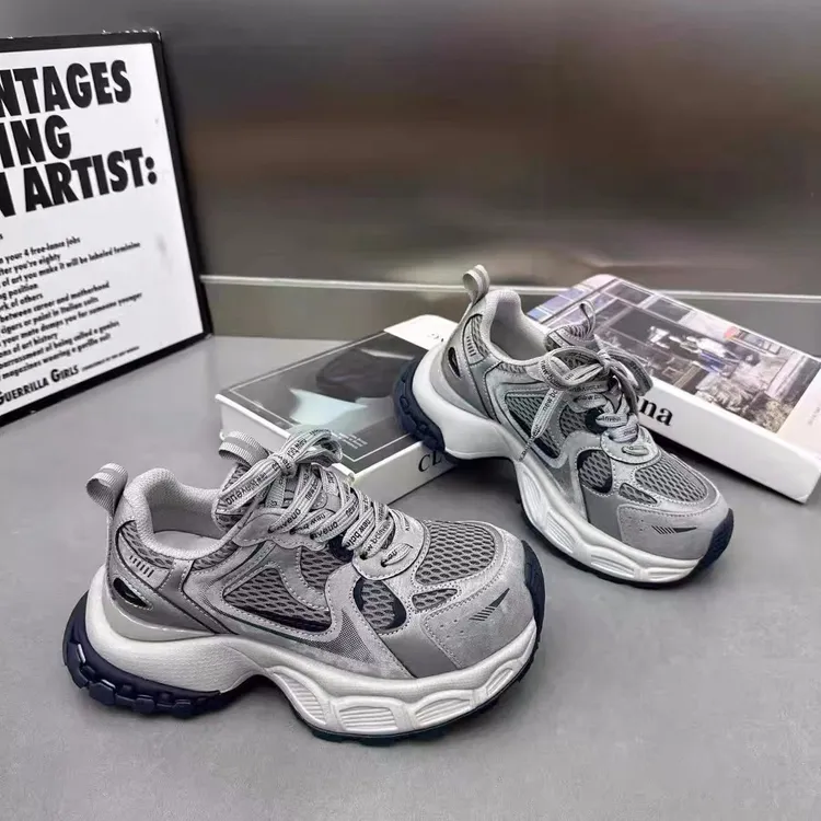 2025年秋新款真皮厚底增高老爹鞋运动休闲鞋显脚小复古小个子女鞋