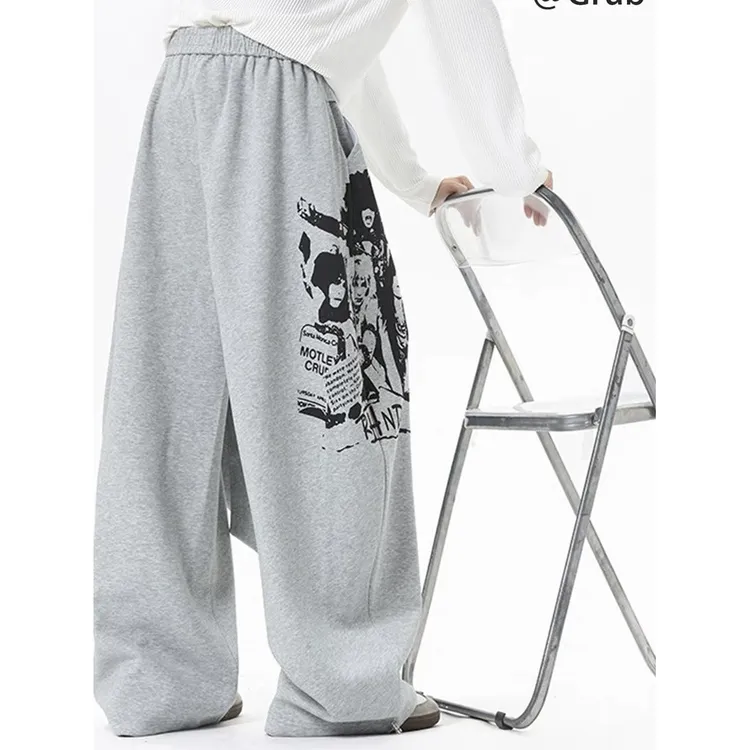 OVOZI灰色图像印花运动卫裤男女冬美式hiphop飘带裤子高街潮牌拖