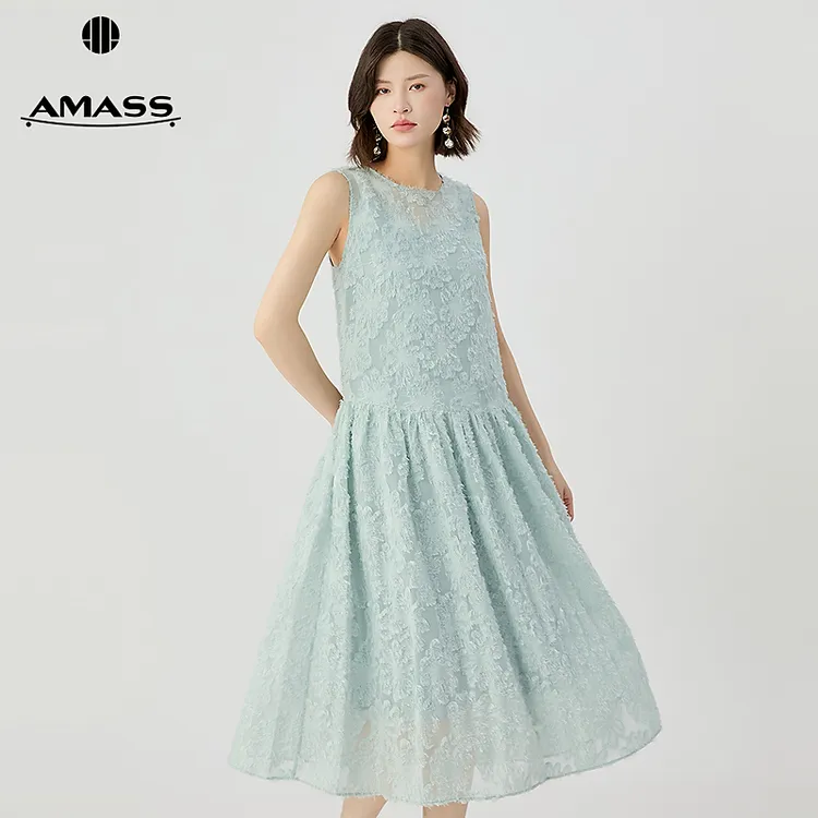 阿玛施AMASS 气质千金风优雅法式无袖步步生花连衣裙两件套550014