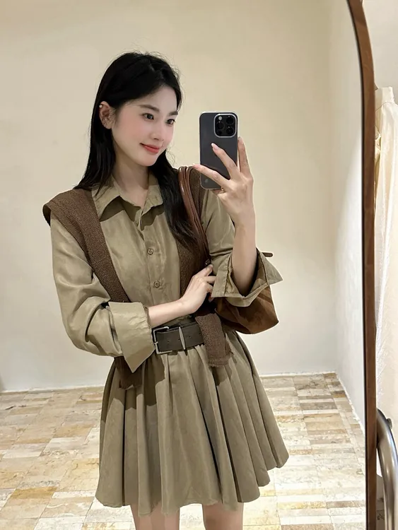望野集WIdset(棕调)出游服装女韩系复古翻领衬衫裙连衣裙1041#