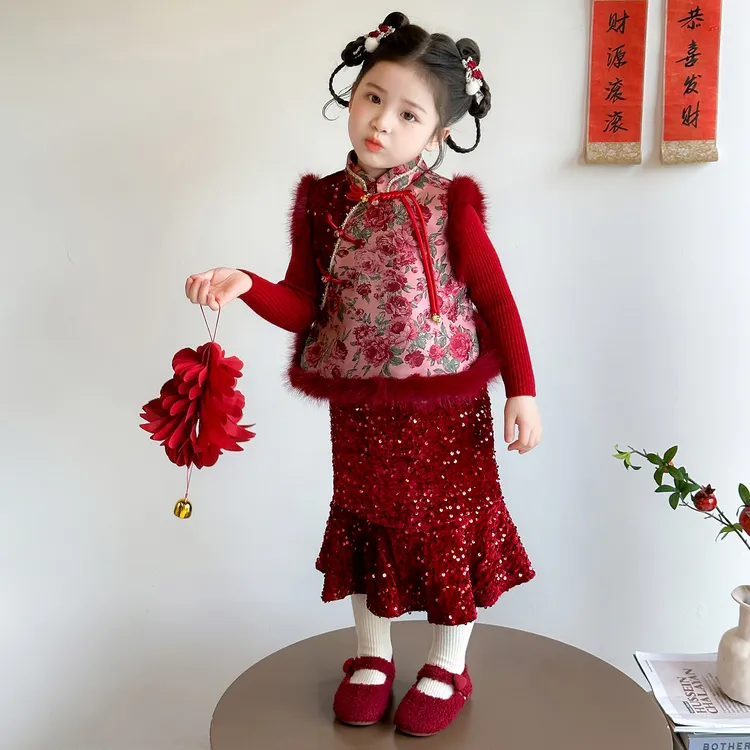 女童拜年服套装冬季新款儿童新中式马甲三件套宝宝喜庆加厚过年服