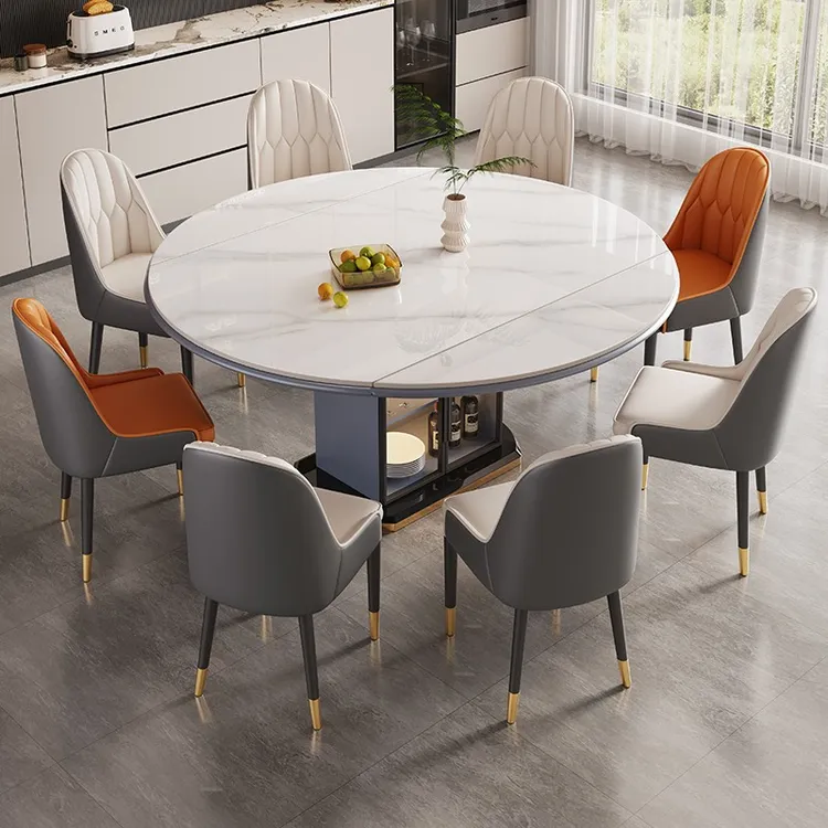 岩板餐桌椅组合2025新款家用小户型实木可变圆桌轻奢简约储物饭桌