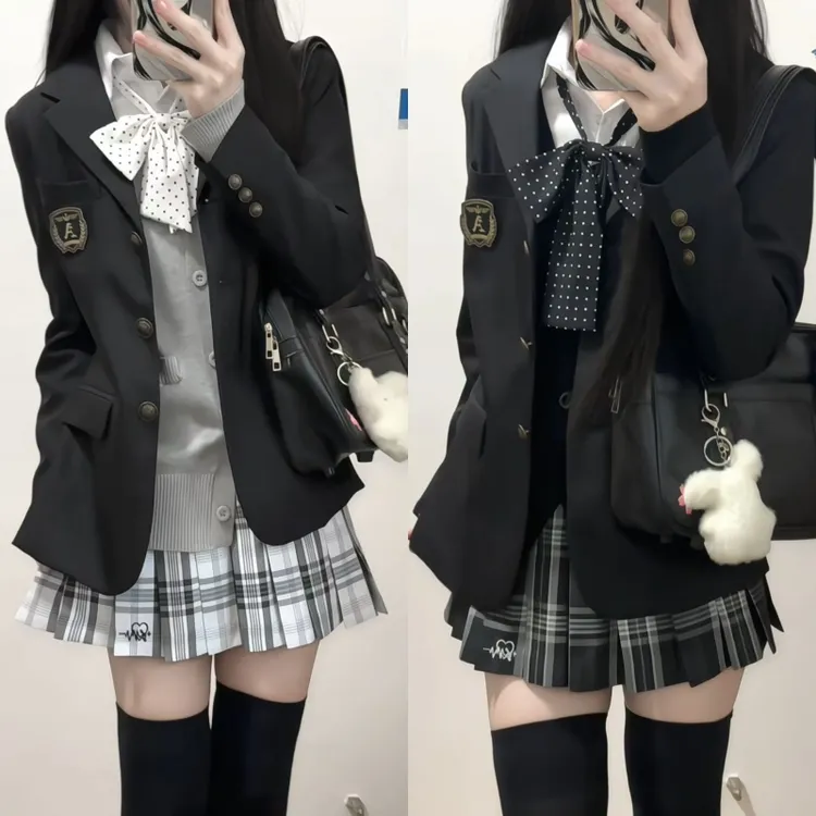 川町香【川知音】西装刺绣纽扣马甲套装原创格裙学院风女秋冬叠穿