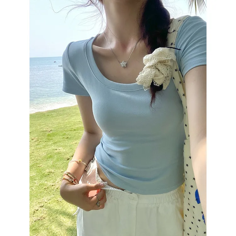 夏季新款修身短袖恤显瘦百搭基础款时尚纯色圆领上衣