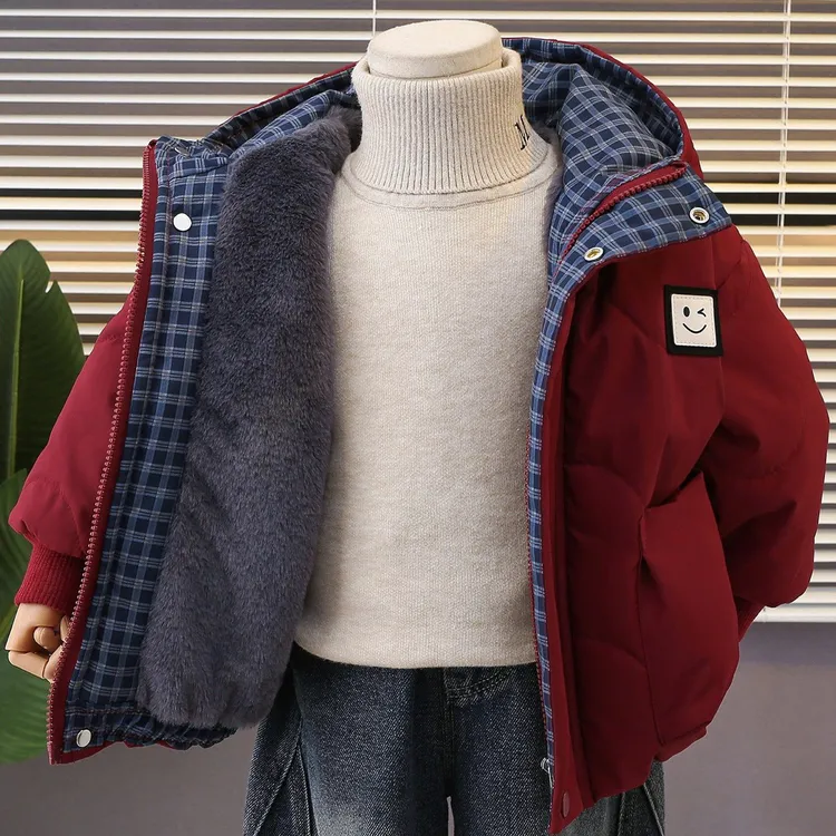 男童加绒棉服外套冬季2025新款红色加厚儿童棉衣棉袄宝宝冬装衣服
