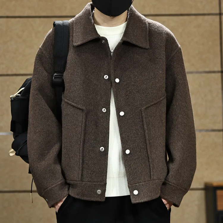 美式复古老钱风双面羊绒大衣男士短款毛呢外套冬季保暖翻领夹克男