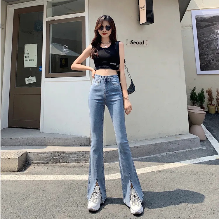 B黑色开叉牛仔裤女春夏2025年新款高腰紧身显瘦拖地微喇叭裤子
