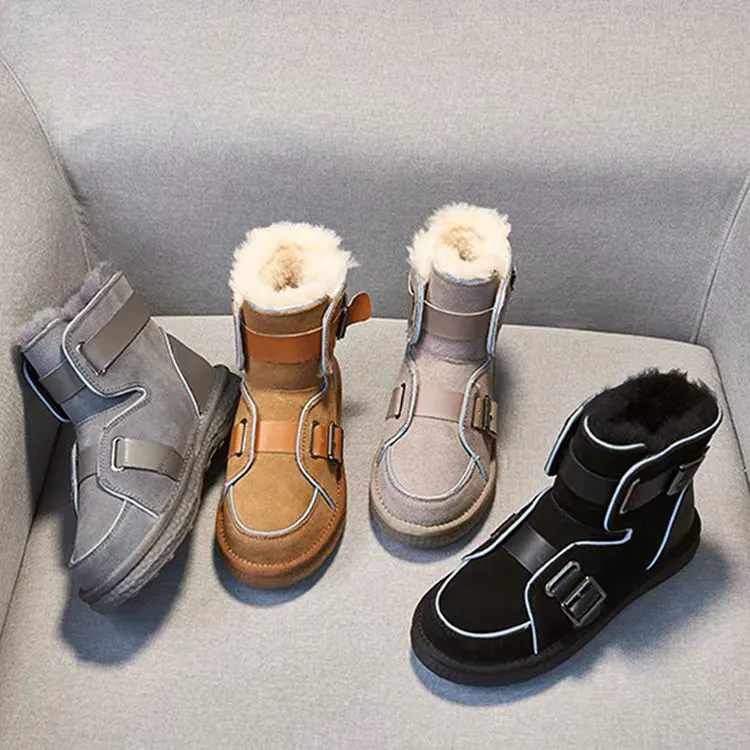 断码牛皮羊毛雪地靴女鞋纯色短筒韩版休闲风搭扣圆头