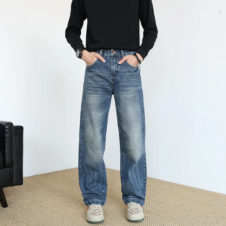 SYBBZ 原创秋季男士宽松牛仔裤美式高街潮牌条纹提花纹理感直筒裤