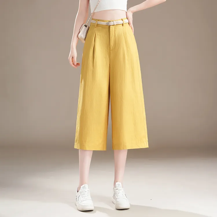 天丝亚麻直筒休闲裤女士夏季2025新款高腰显瘦气质宽松七分阔腿裤