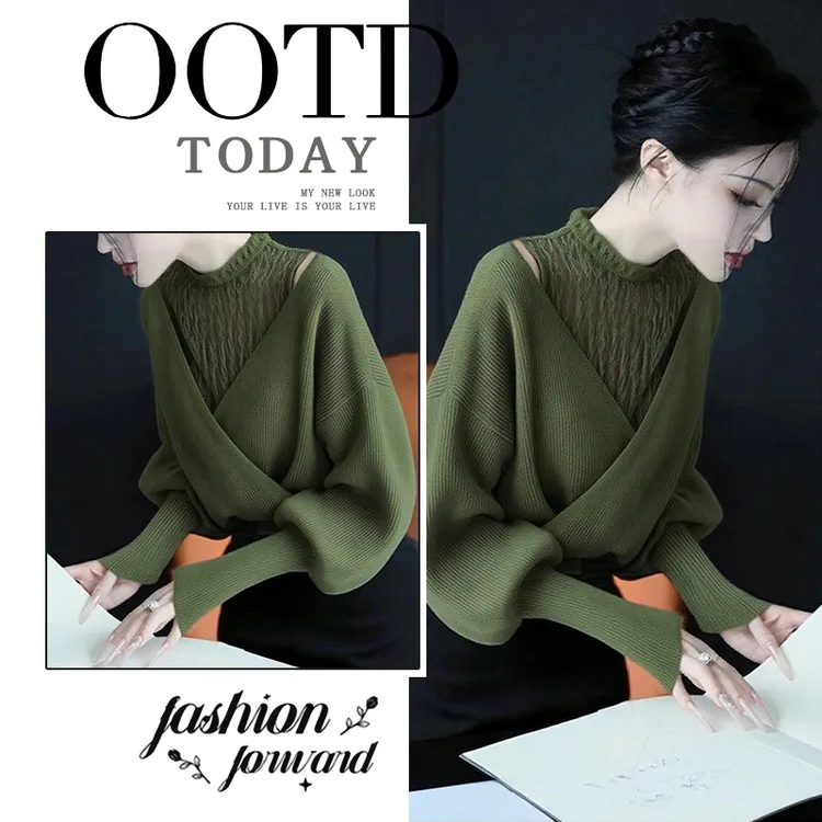 小众设计感绿色蕾丝拼接针织衫女2025秋季气质高级感百搭显瘦毛衣