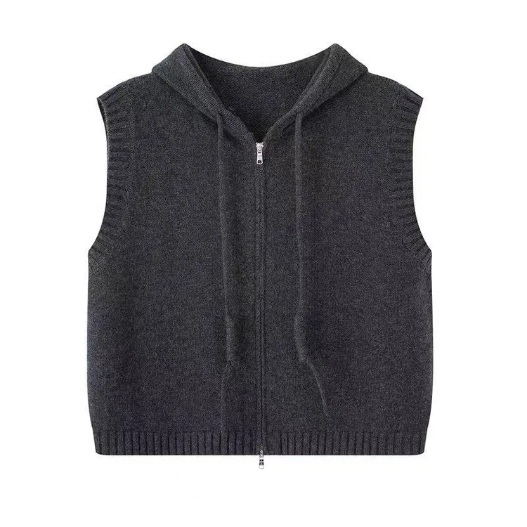 艾家2025秋季新款休闲百搭连帽针织衫马夹外套女3110