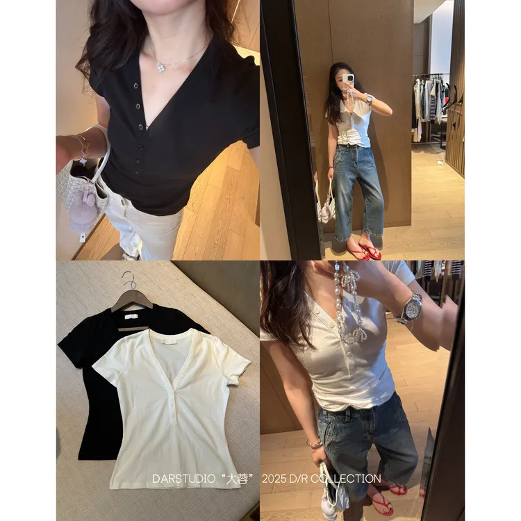 DAR STUDIO 深圳货【六粒扣】2025夏季新款扣子V领显瘦短袖T恤15297