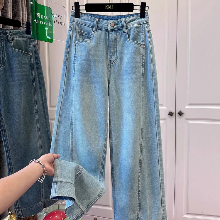 高端欧货浅蓝色高腰显瘦拼接2025春秋牛仔裤女阔腿裤宽松时尚长裤