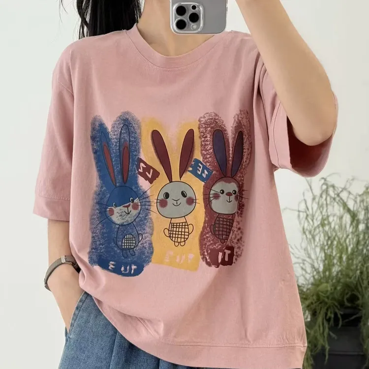 时尚短袖印花休闲风可爱卡通兔T恤百搭潮流圆领